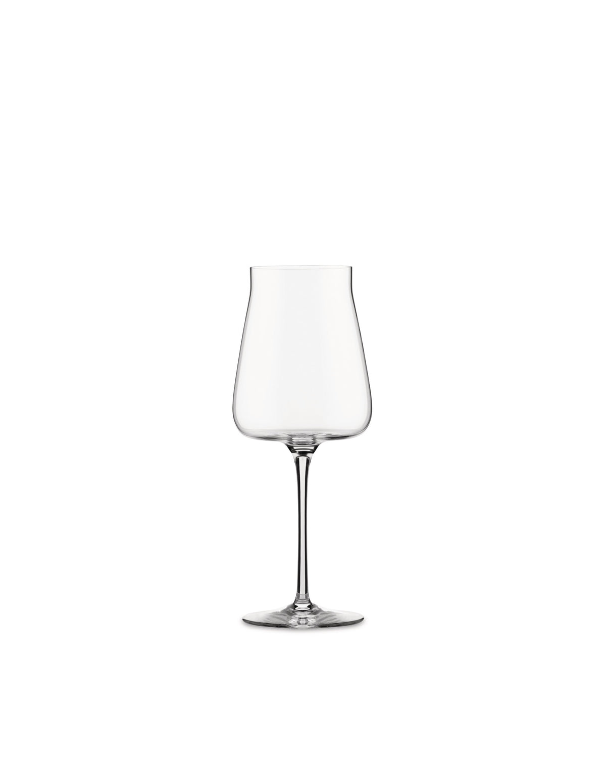Clear white wine glass by Alessi with a tall stem and a gently curved, empty bowl on a white background.