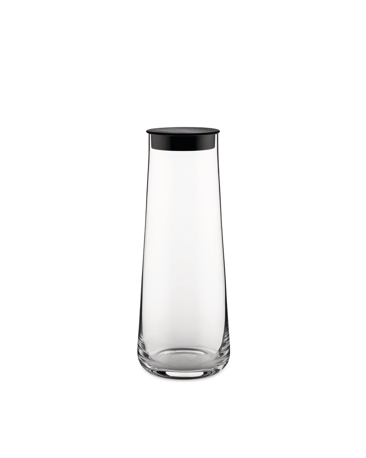 Clear glass pitcher by Alessi with a sleek black lid, standing upright.
