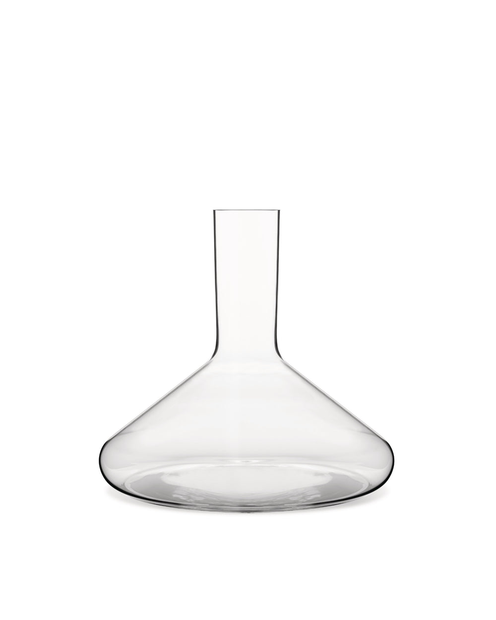 Clear glass decanter by Alessi, with a wide base and tall, narrow neck, standing upright.