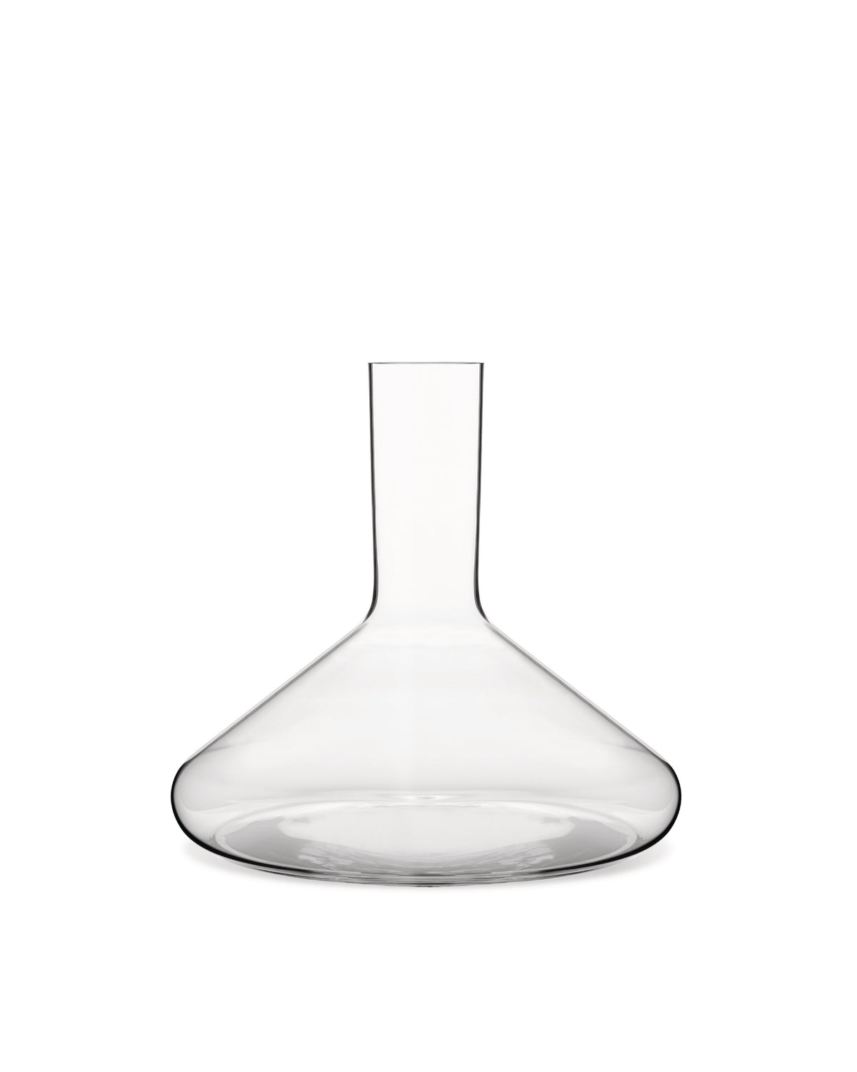 Clear glass decanter by Alessi, with a wide base and tall, narrow neck, standing upright.