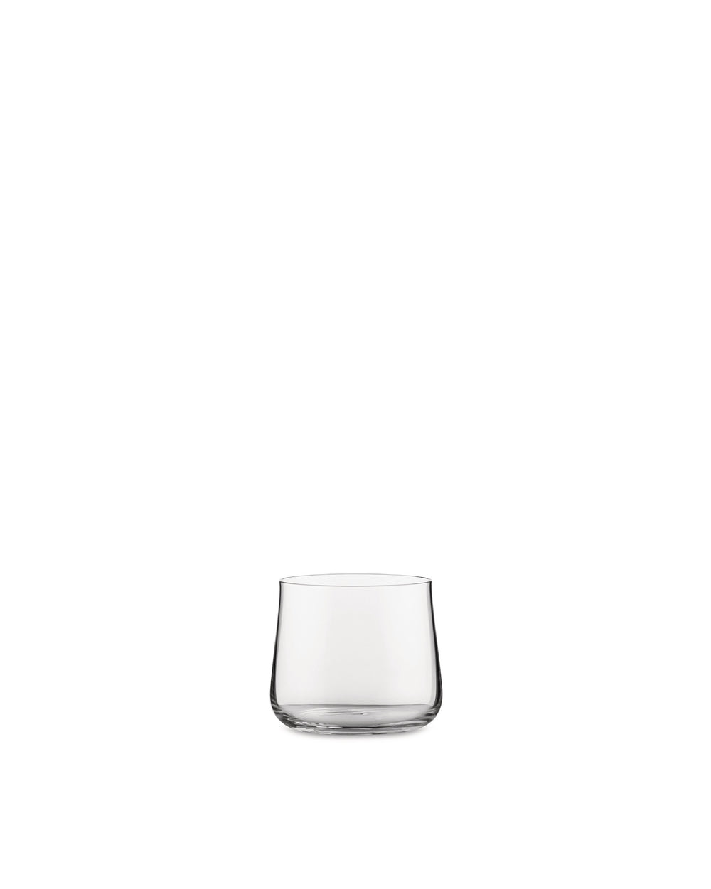 Clear water glass by Alessi with a subtly tapered shape and rounded base.