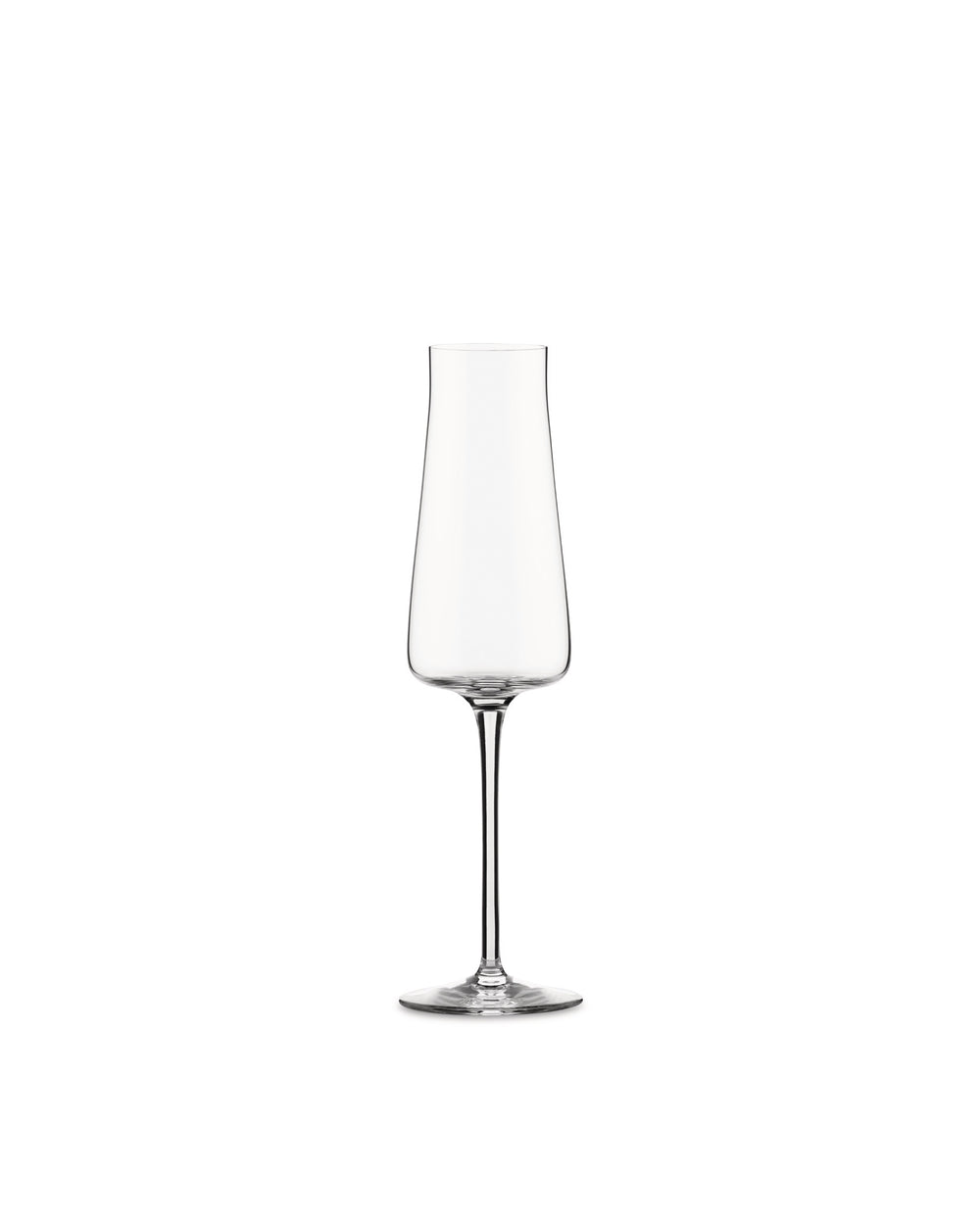 Clear glass champagne flute by Alessi with a contemporary tapered bowl and slender stem.