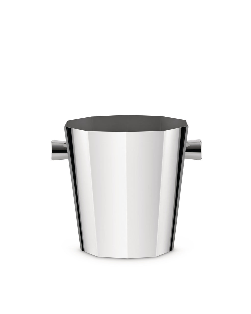 Silver-toned faceted wine cooler by Alessi with small side handles on a white background.