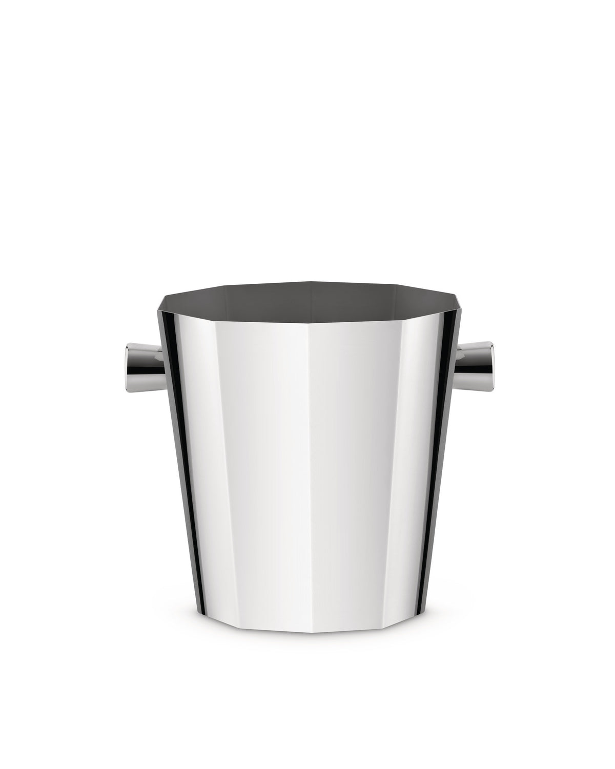 Silver-toned faceted wine cooler by Alessi with small side handles on a white background.