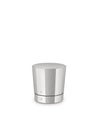 Silver metallic faceted stopper by Alessi with a black dividing line and two small dots.