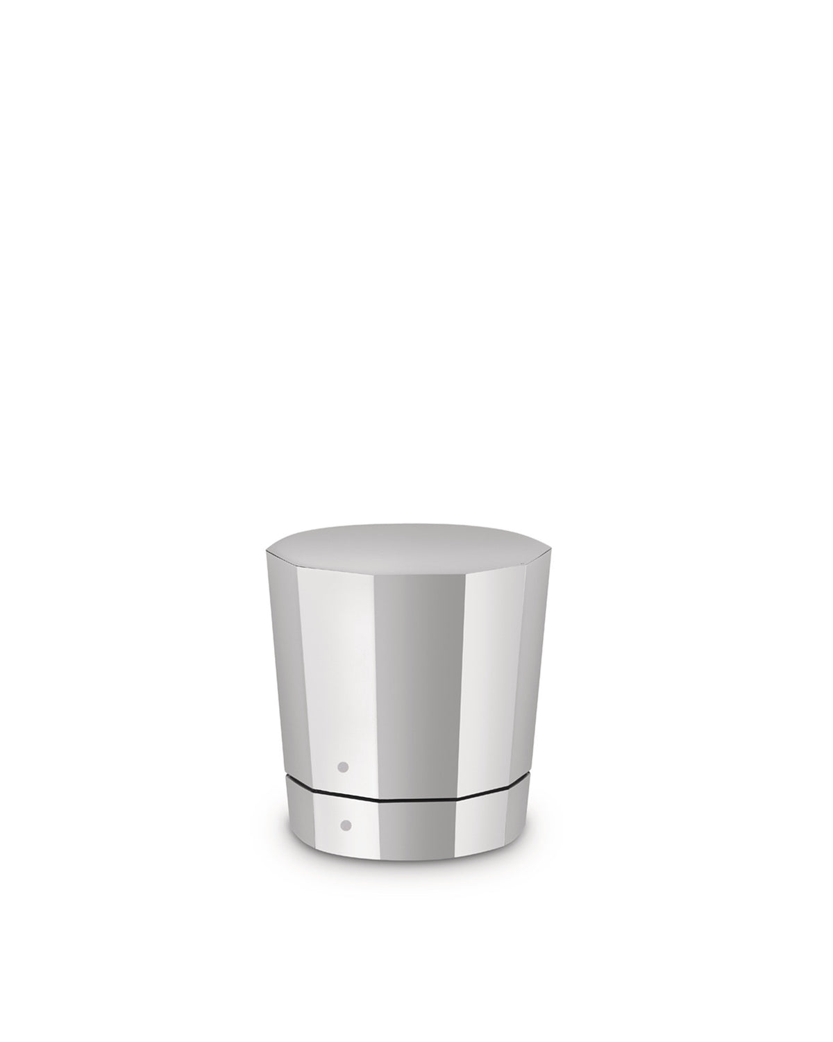 Silver metallic faceted stopper by Alessi with a black dividing line and two small dots.