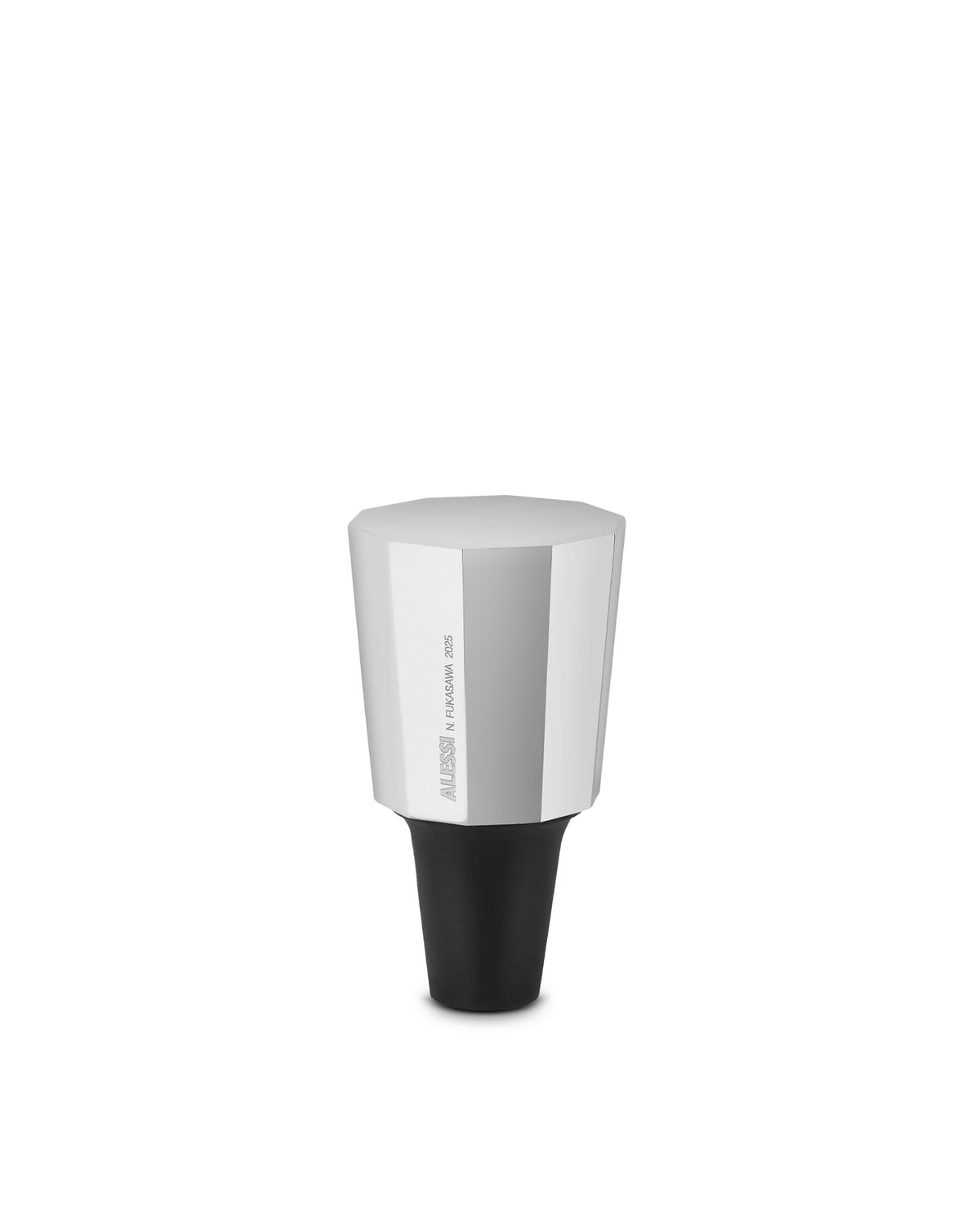 Silver and black hexagonal stopper by Alessi with a black conical base and engraved text.
