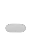 Grey oval pet feeding mat by Alessi with two circular indentations and embossed logo.