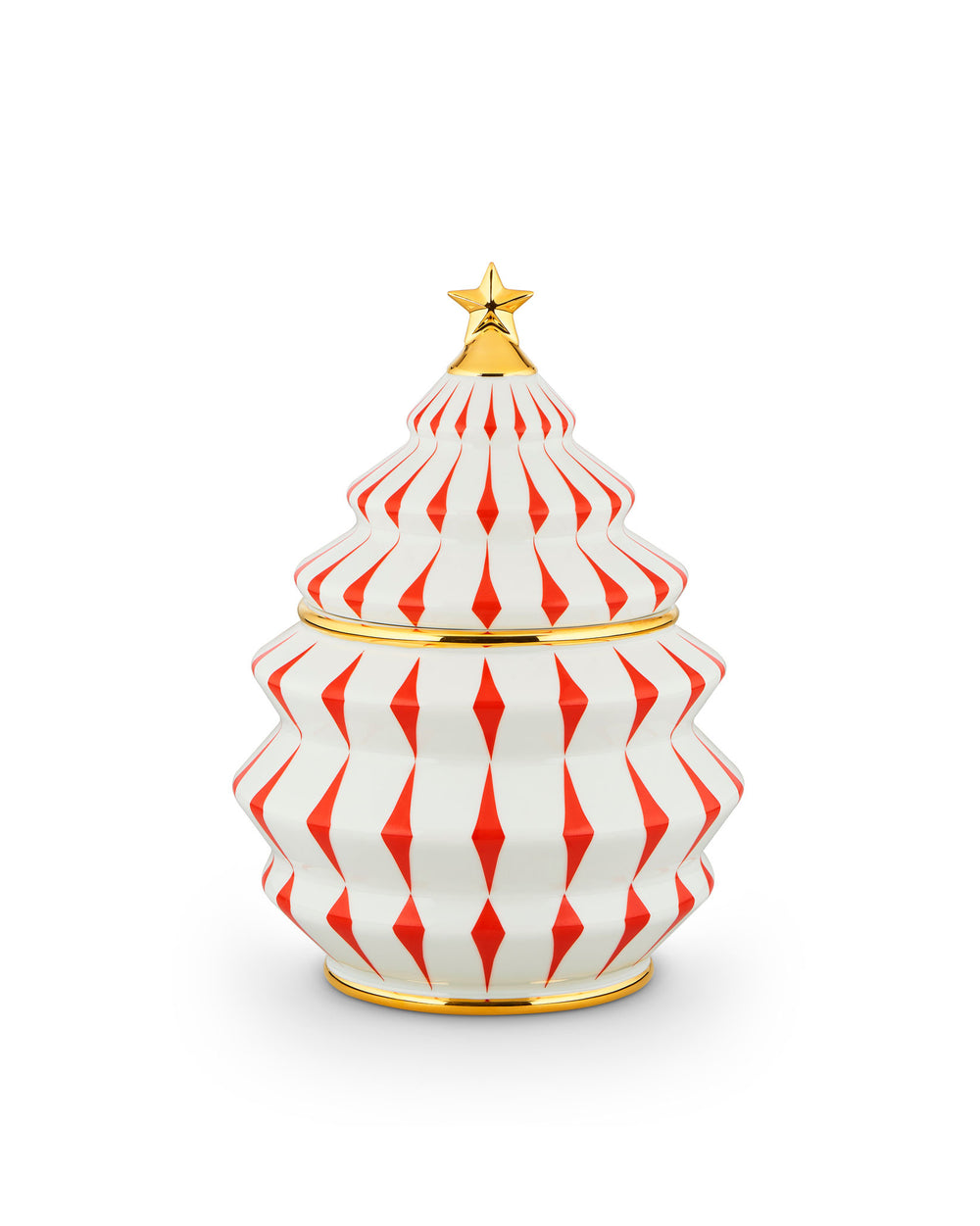 White Christmas tree-shaped container by Alessi, adorned with red diamond patterns, gold trim, and a gold star topper.