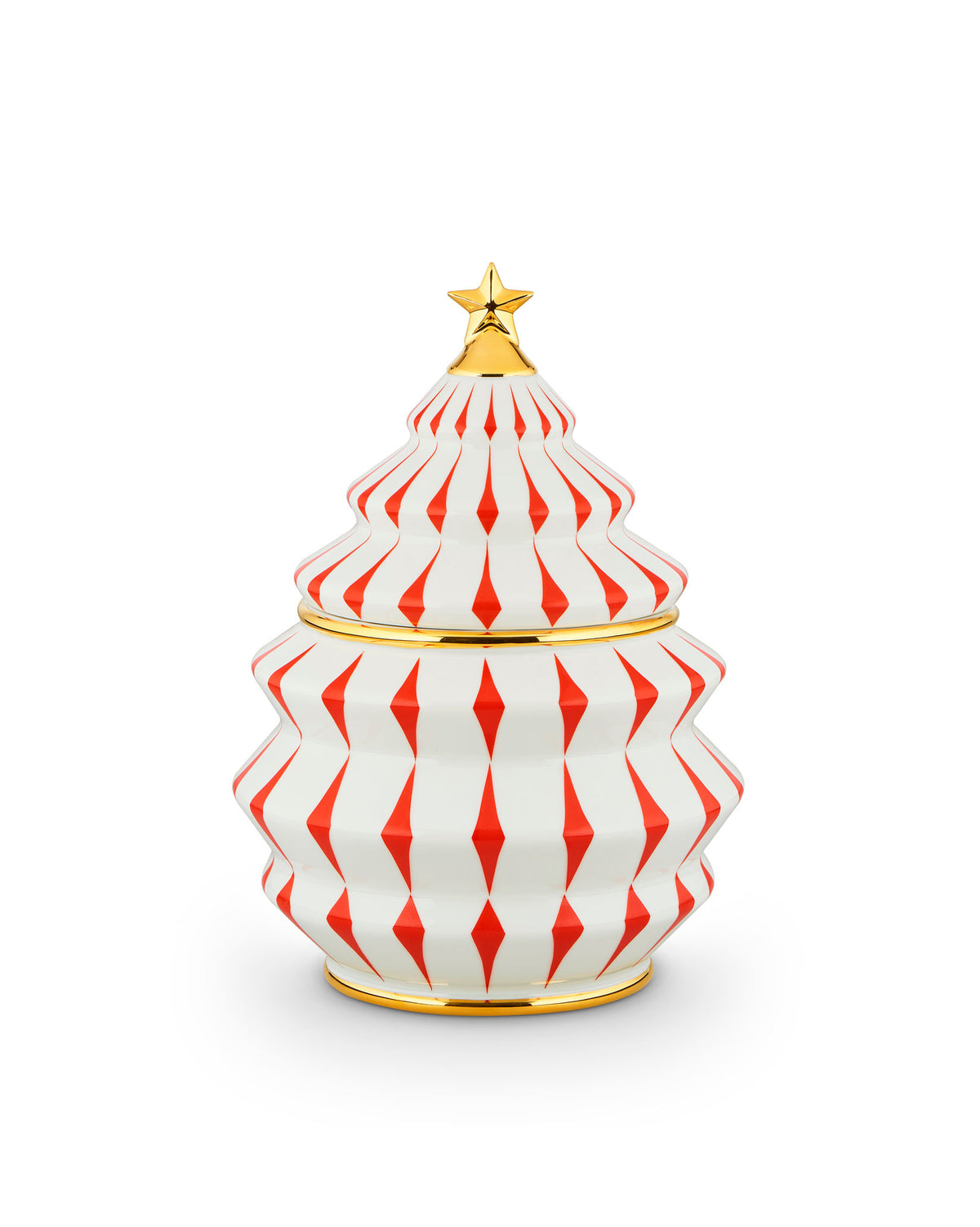 White Christmas tree-shaped container by Alessi, adorned with red diamond patterns, gold trim, and a gold star topper.
