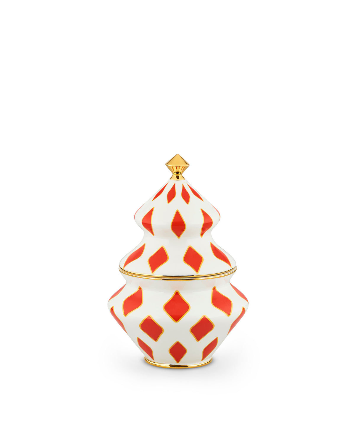 A white Christmas decorative container by Alessi, featuring red diamond patterns, gold trim, and a gold finial, shaped like a stylized tree.
