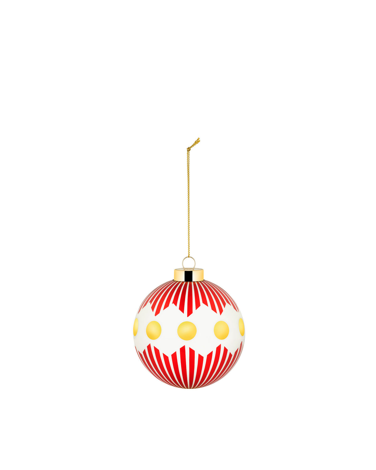 Red and white Christmas tree ornament by Alessi, with yellow polka dots, a gold cap, and hanging chain.