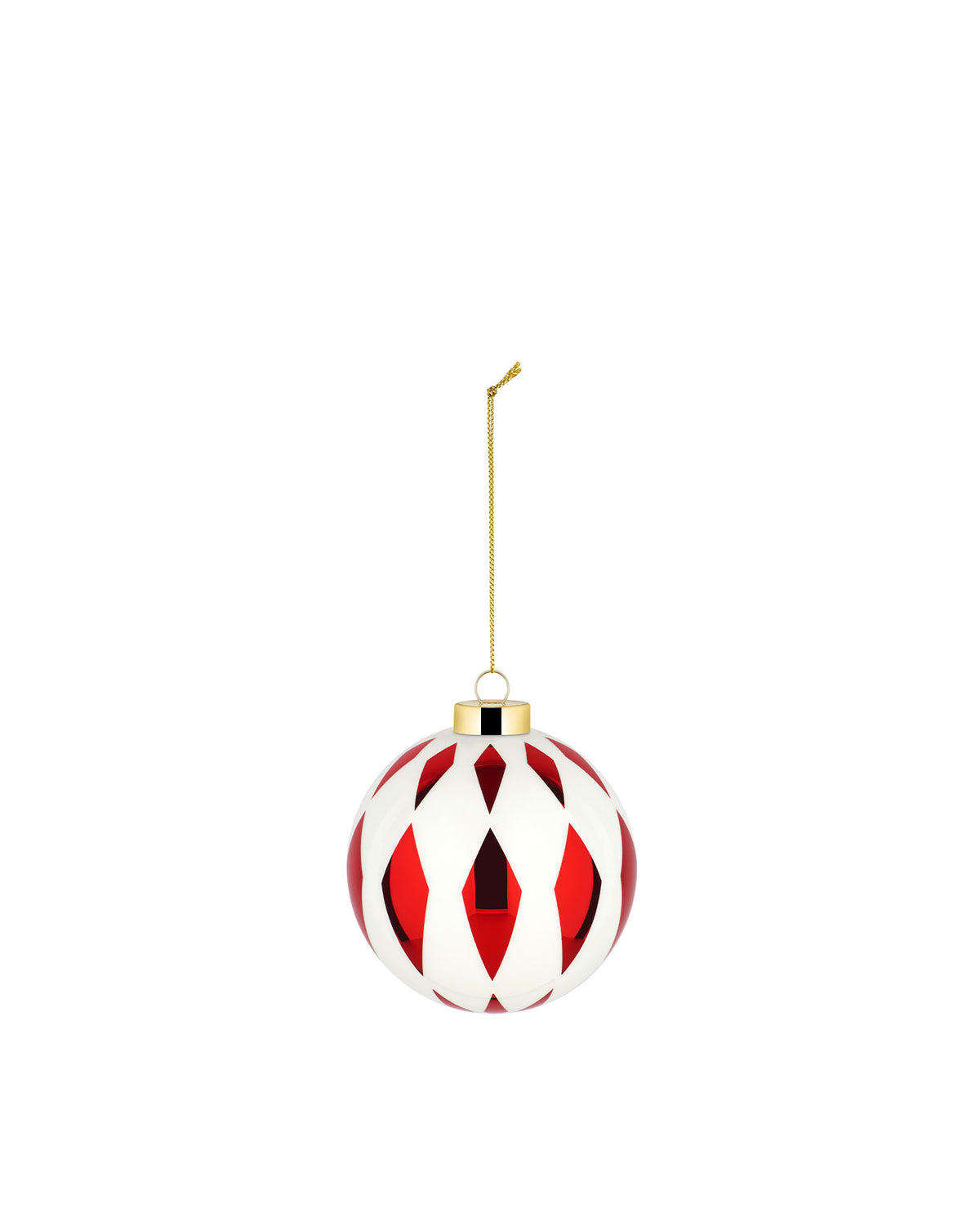 Red and white Christmas tree ornament by Alessi with a diamond harlequin pattern, gold cap, and chain.