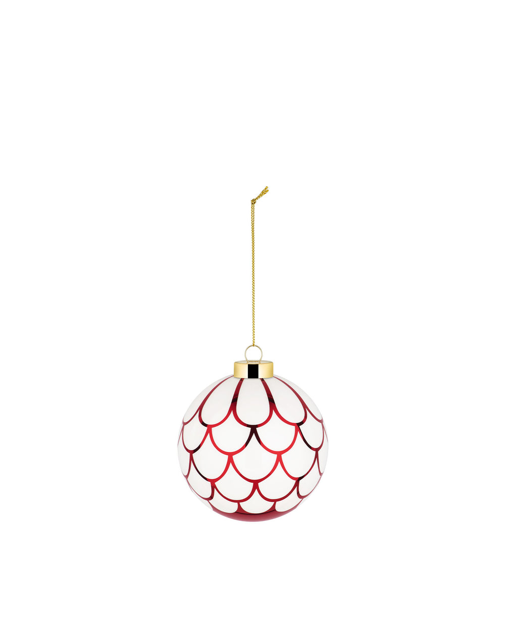 White and red Christmas tree ornament by Alessi with a red scallop pattern, hanging from a gold chain.