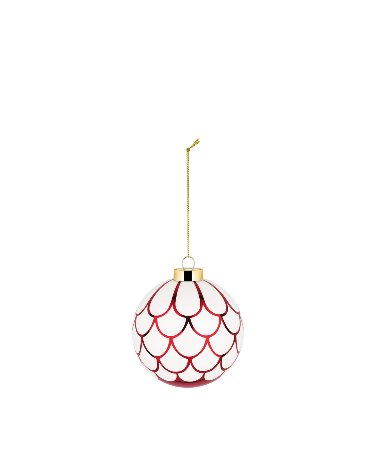 White and red Christmas tree ornament by Alessi with a red scallop pattern, hanging from a gold chain.