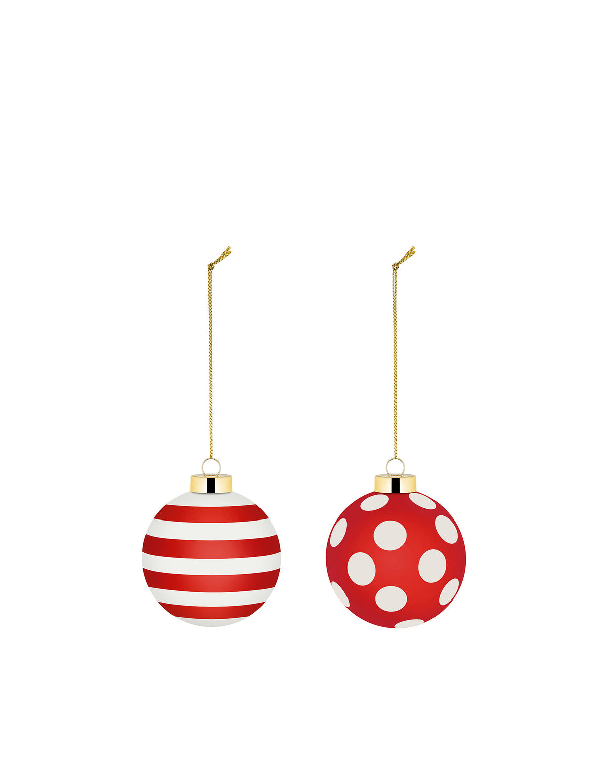Two red and white Christmas tree ornaments by Alessi, one striped and one polka dot, hanging from gold chains.