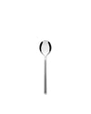Silver polished table spoon by Alessi with a sleek design and rounded bowl, centered on white.