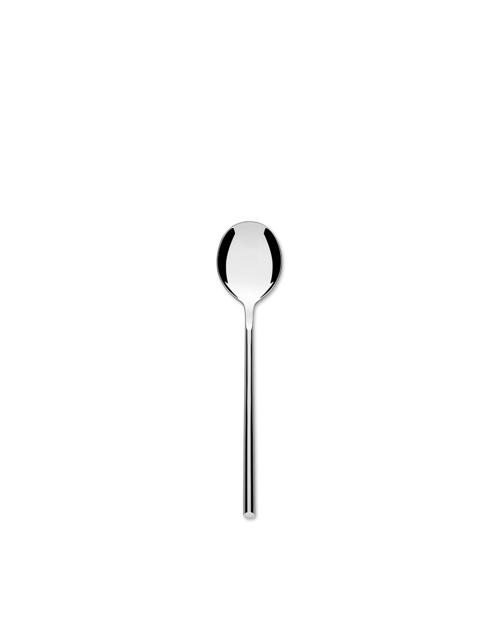 Silver polished table spoon by Alessi with a sleek design and rounded bowl, centered on white.