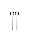 Polished stainless steel salad set by Alessi, featuring two sleek serving utensils, one slotted.
