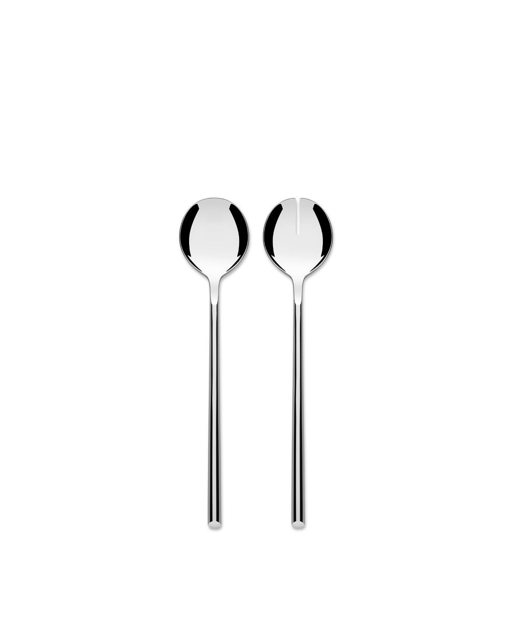 Polished stainless steel salad set by Alessi, featuring two sleek serving utensils, one slotted.