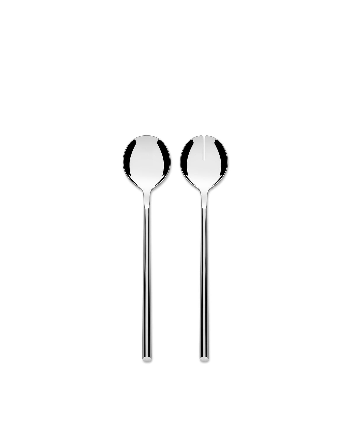 Polished stainless steel salad set by Alessi, featuring two sleek serving utensils, one slotted.