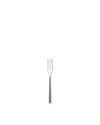 Silver polished metal pastry fork by Alessi with three tines and a slender handle, shown vertically.