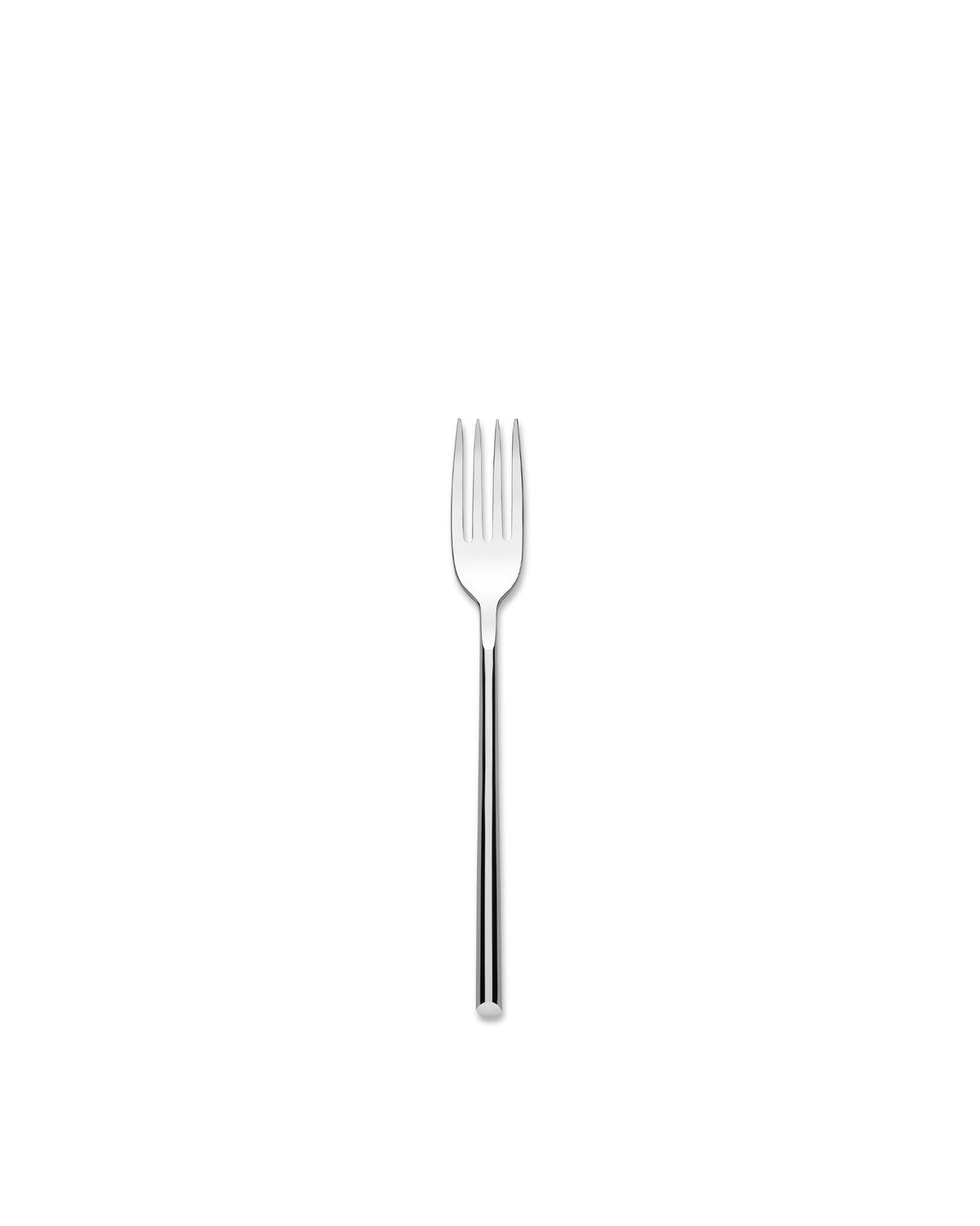 Silver metal Clivo table fork by Alessi, with four sleek tines and a smooth, polished handle.