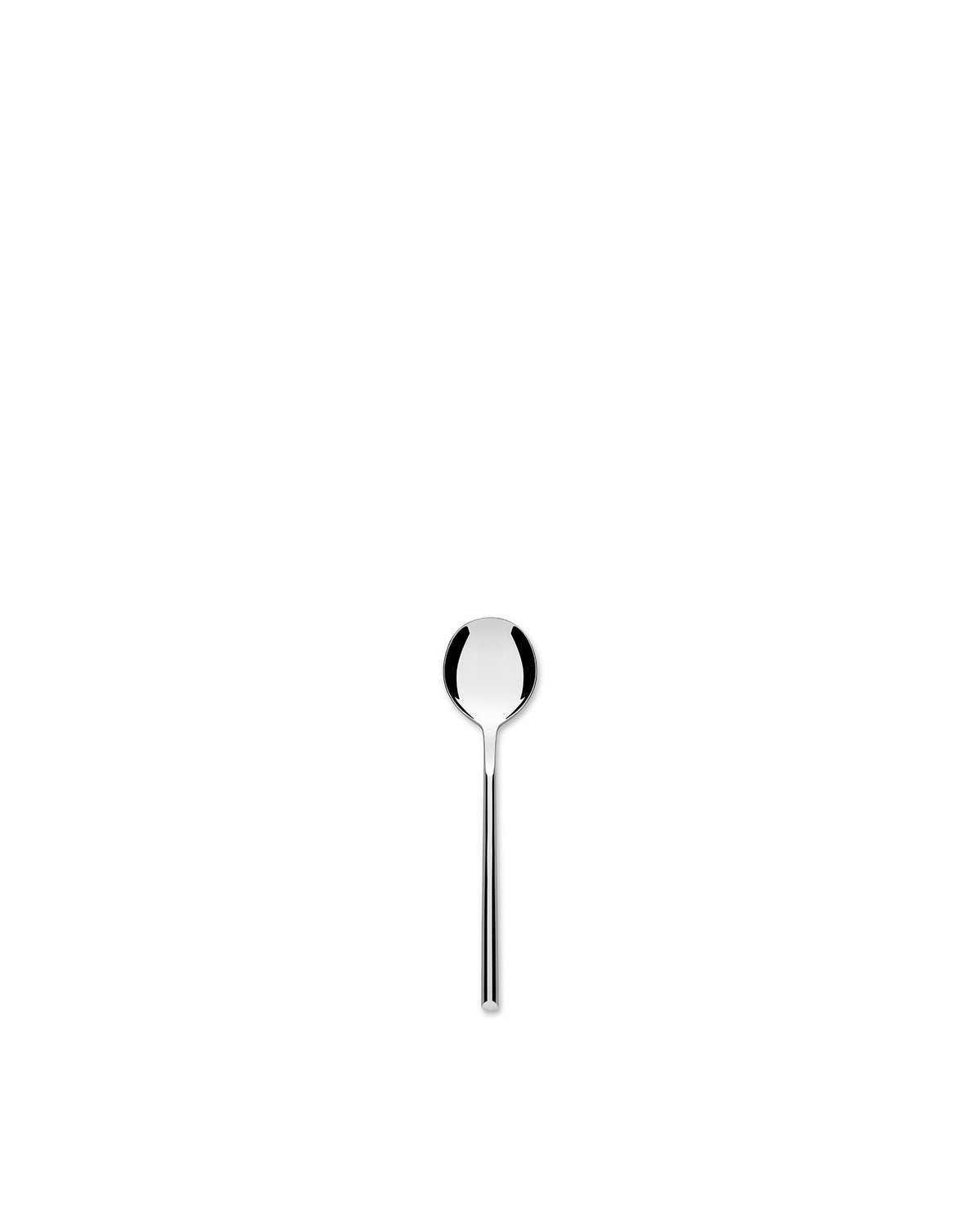 Silver polished metal coffee spoon by Alessi, a single minimalist piece with a rounded bowl and slender handle, centered vertically.