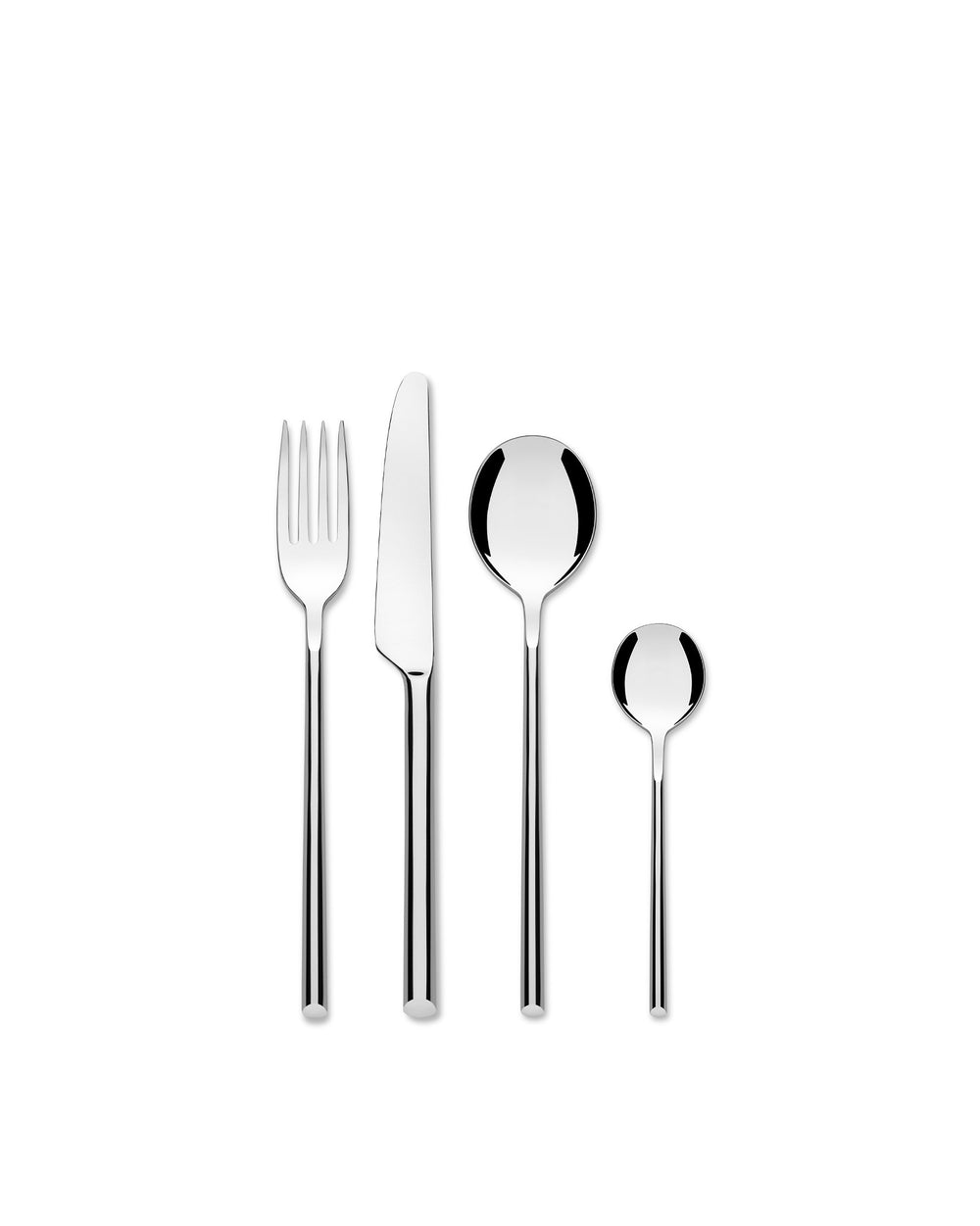 Silver flatware set by Alessi, a modern four-piece collection with sleek, rounded handles on white.