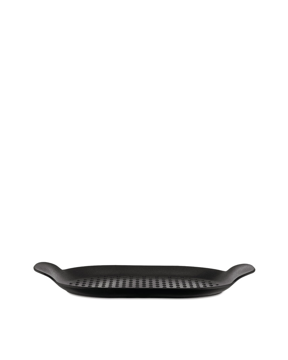 Black oval grill pan by Alessi with a perforated surface and small side handles.