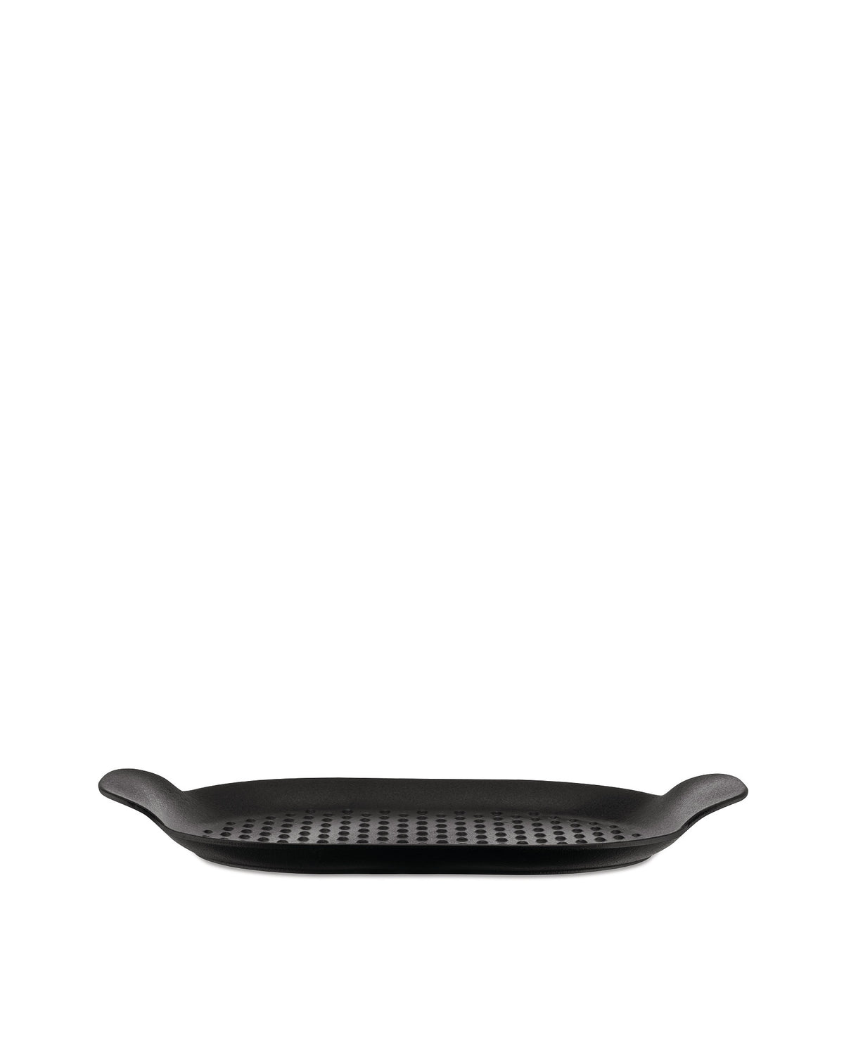 Black oval grill pan by Alessi with a perforated surface and small side handles.