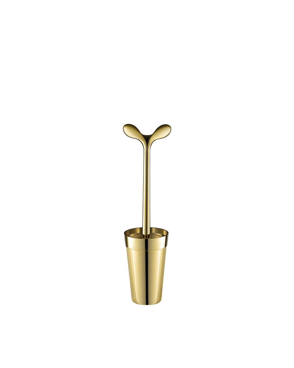 Gold toilet brush by Alessi with a sculptural, two-pronged handle and matching cylindrical holder.
