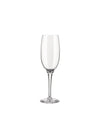 Clear glass champagne flute by Alessi, featuring a tall, slender bowl and a delicate stem, presented upright.