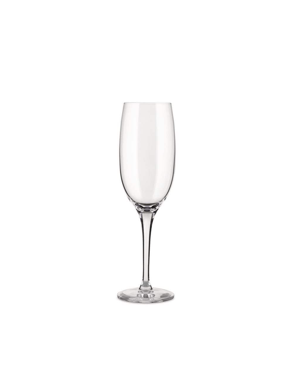 Clear glass champagne flute by Alessi, featuring a tall, slender bowl and a delicate stem, presented upright.