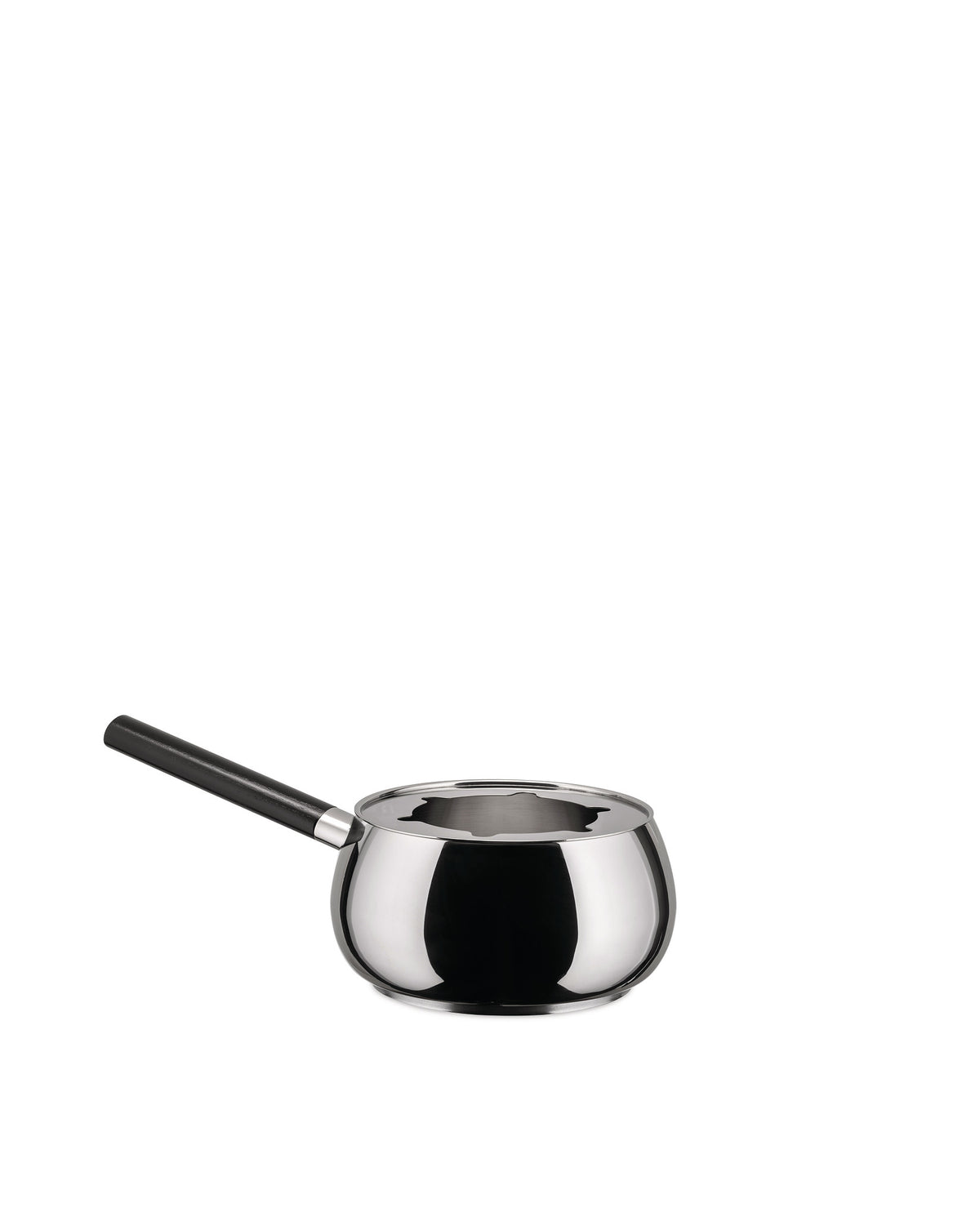 Polished stainless steel fondue pot by Alessi with a black handle and a removable top insert.