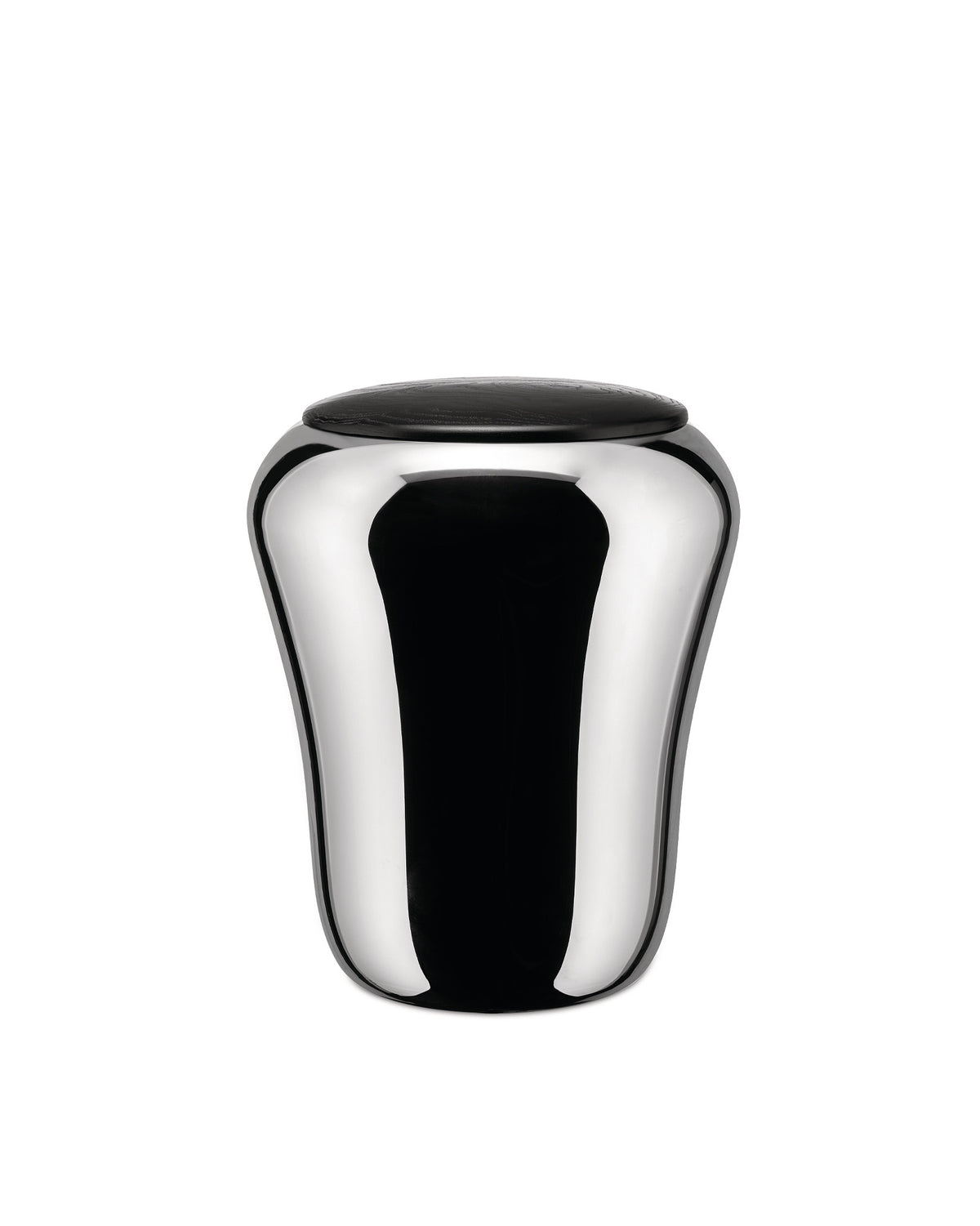 Chrome laundry basket by Alessi with a black lid and reflective, rounded form.