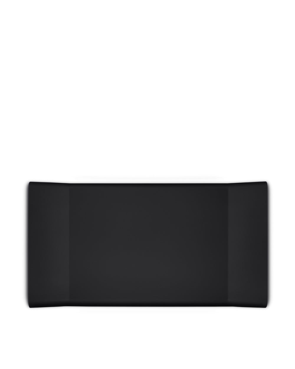 Black rectangular tray by Alessi with a matte finish and slightly raised edges.