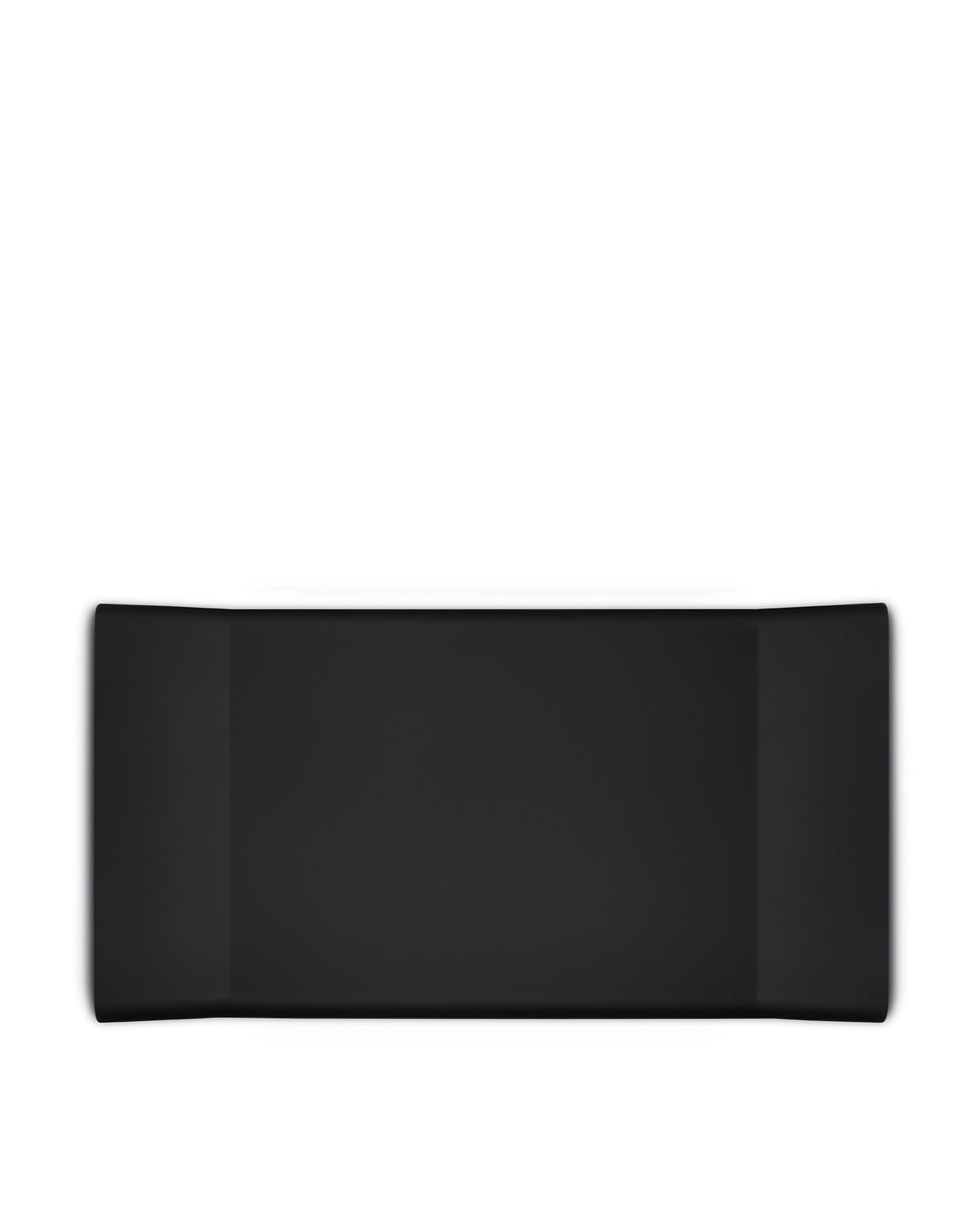 Black rectangular tray by Alessi with a matte finish and slightly raised edges.