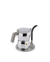 Silver hexagonal stovetop espresso maker by Alessi with a grey handle and a black vertical support on a round base.