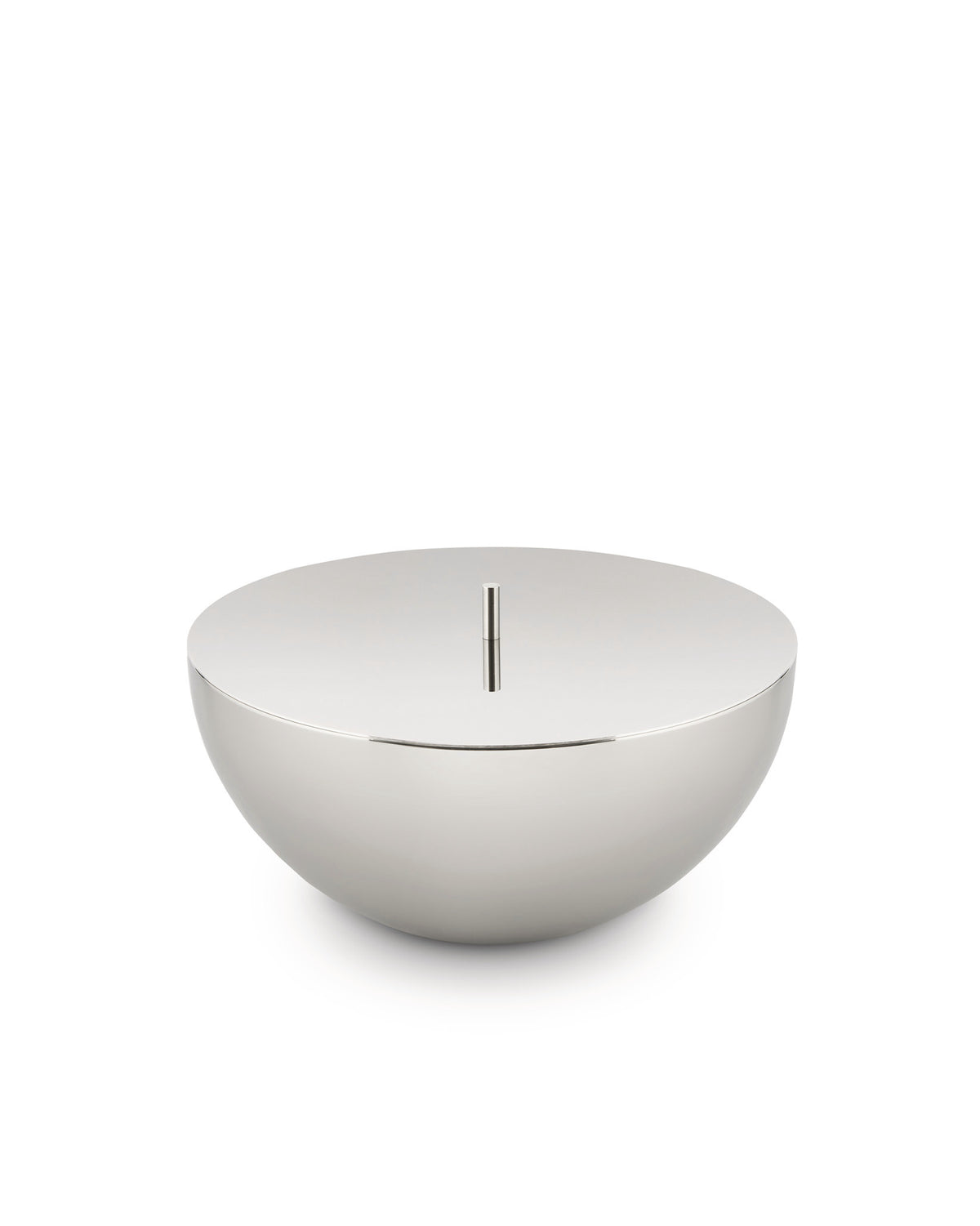 Silver Rocc container by Alessi with a flat top and vertical slot.