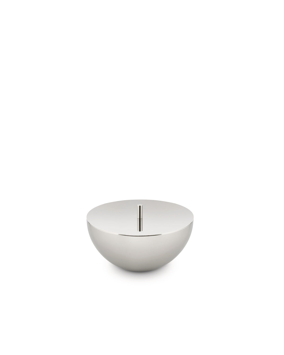 A polished silver container by Alessi with a flat top and a central vertical slot.