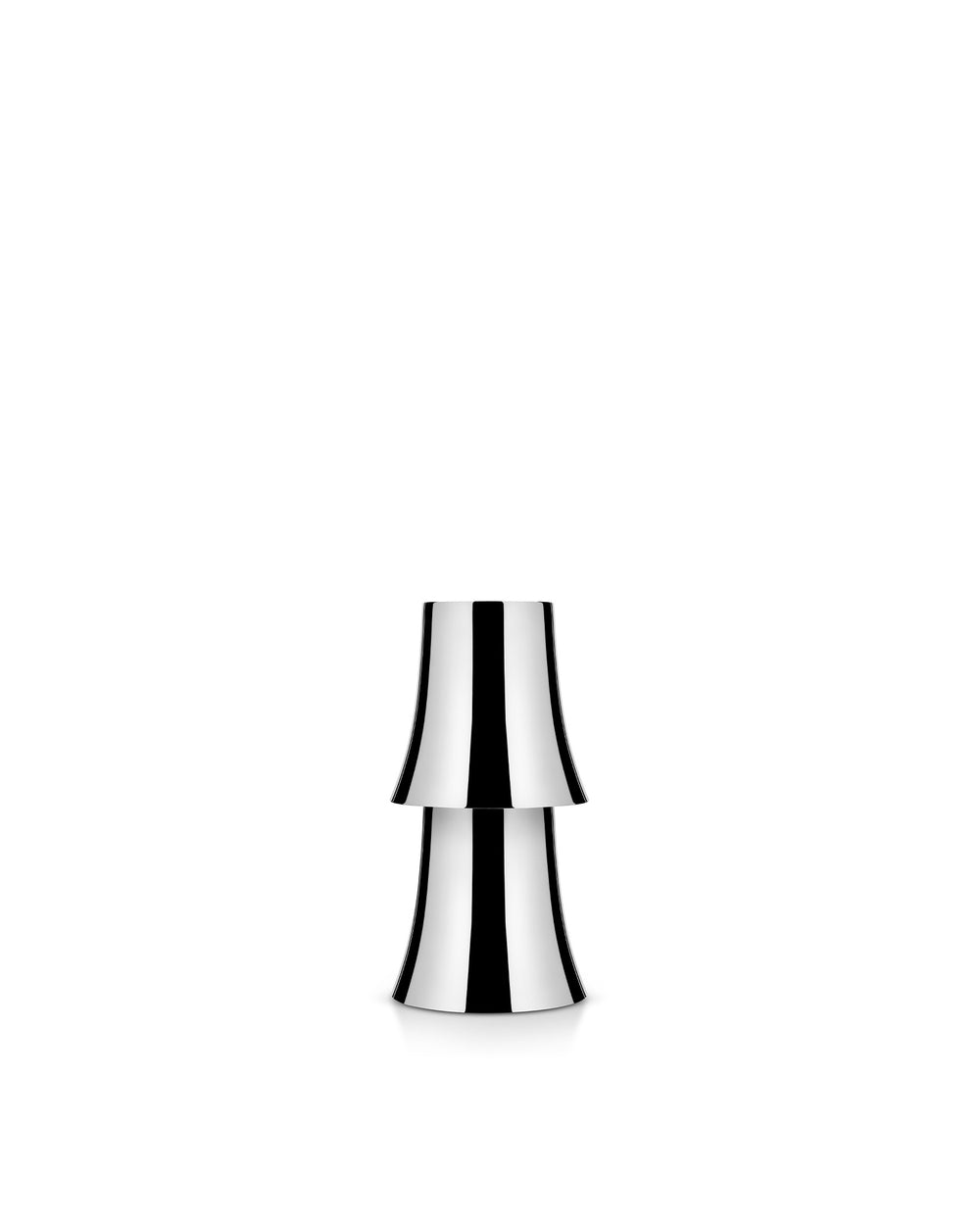 Silver metallic lamp by Alessi, with two stacked bell-shaped sections and polished reflections.