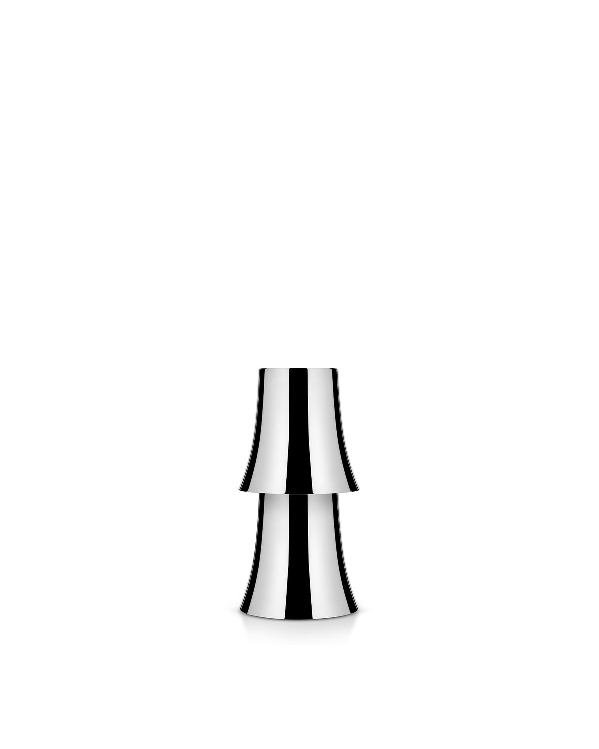 Silver metallic lamp by Alessi, with two stacked bell-shaped sections and polished reflections.