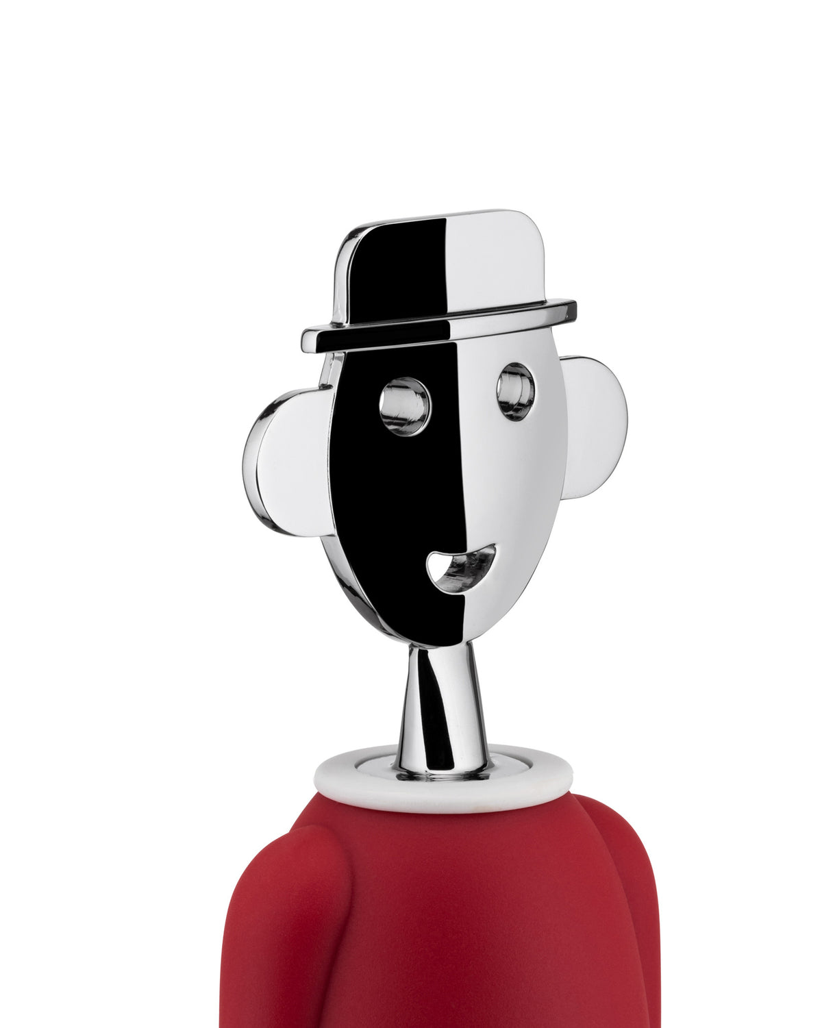 Chrome and black corkscrew by Alessi, featuring a stylized face with a hat, a matte red body, and a white collar.