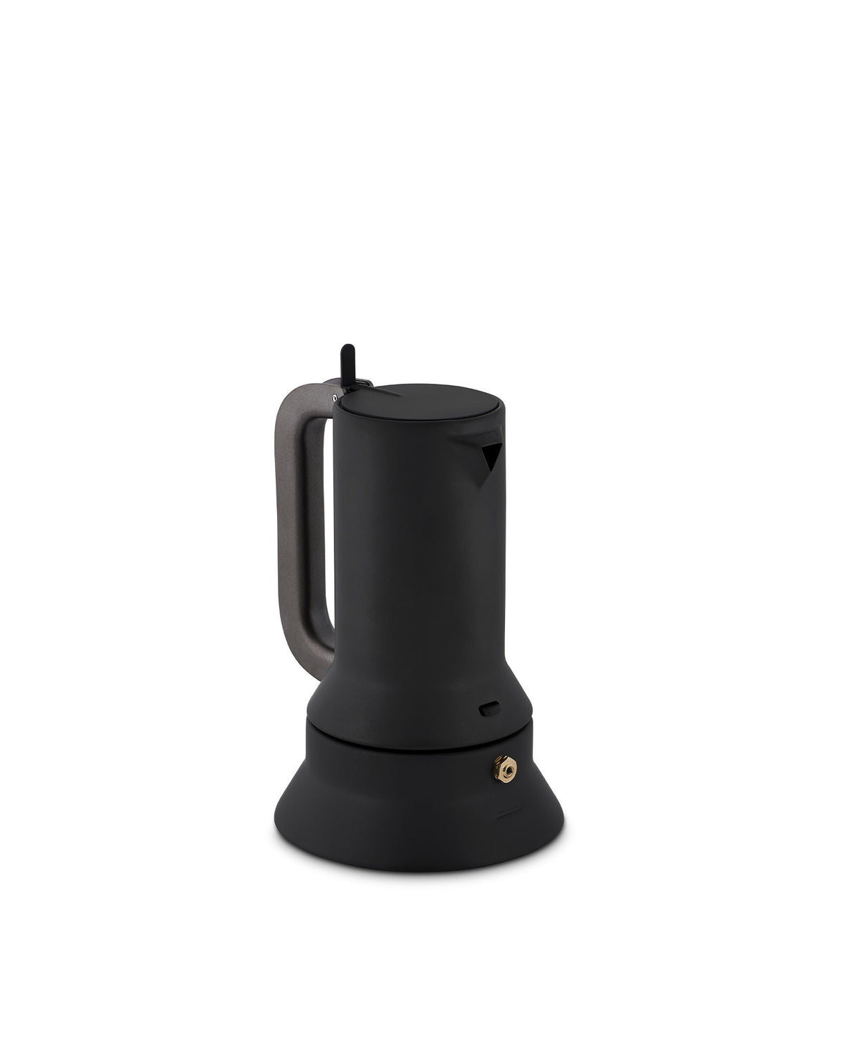 Black espresso coffee maker by Alessi, with a gray handle and a golden pressure valve.