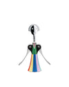 Multi-colored figural corkscrew by Alessi, with a smiling face head, diamond pattern, and striped skirt.