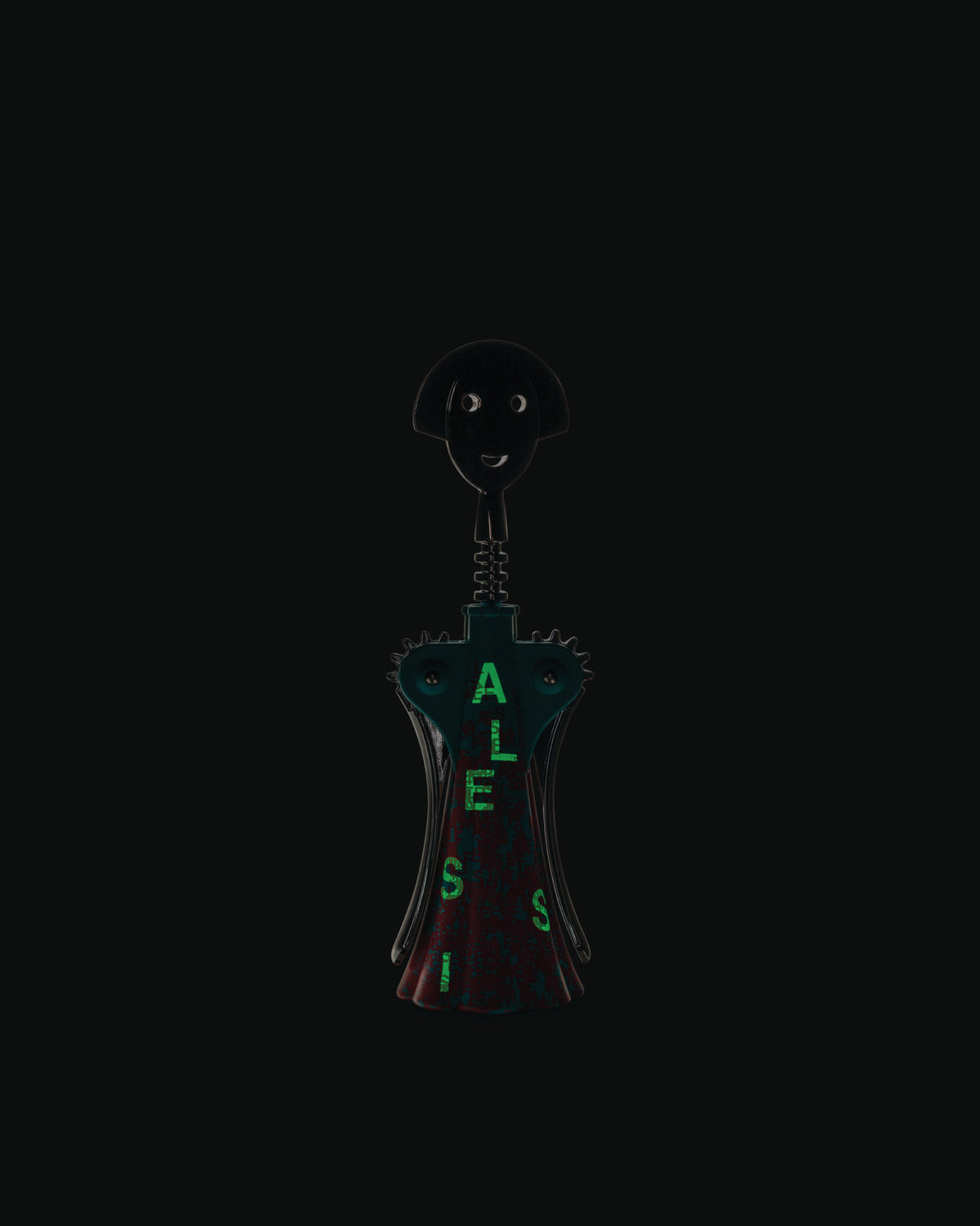 Black and dark teal Anna G. corkscrew by Alessi, an anthropomorphic design with glowing green 'ALESSI' text.