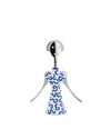 Figural white and blue patterned corkscrew by Alessi with a smiling bicolored face and silver lever arms.
