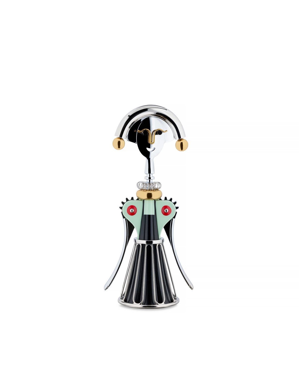 Character-shaped metal corkscrew by Alessi, featuring a stylized face with gold accents and a mint green, black, and red body.