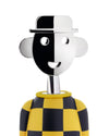Alessandro M. corkscrew in yellow and black by Alessi, a humanoid figure with a split black and white face and checkered body.